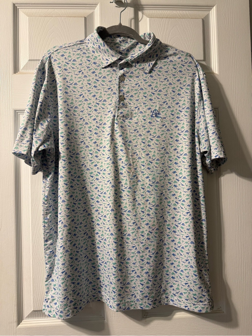 Rhoback White Polo with Blue & Green Micro Dino Print